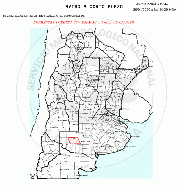 Alerta a corto plazo por tormentas fuertes con ráfagas y caída de granizo las zonas de «Limay Mahuida, Loventue y Utracan»