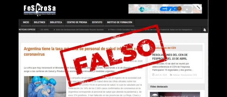 No, la Argentina no está primera a nivel mundial en casos de personal sanitario infectado y, hasta ahora, no se puede probar que esté entre los países con mayor tasa