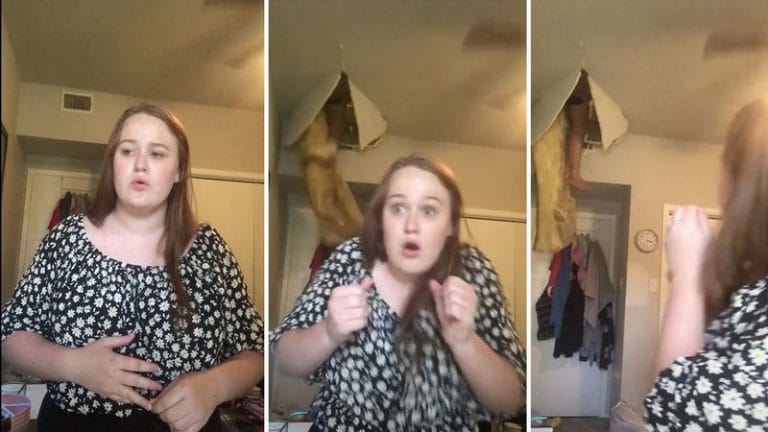 Video: una joven grababa un Tik Tok cuando de repente se abrió el techo y cayó una mujer