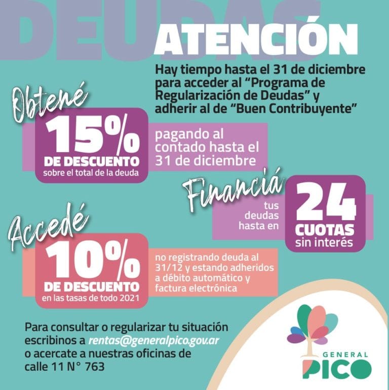 Últimos días para regular deudas con descuentos o en hasta 24 cuotas sin interés con la Municipalidad de General Pico