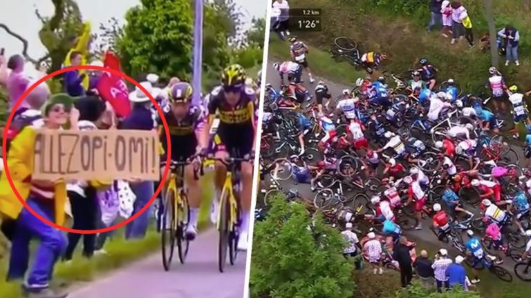 Aficionado provoca terrible caída masiva en el Tour de Francia: más de cien ciclistas involucrados