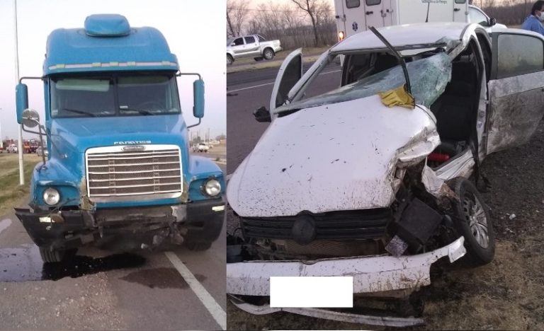 Grave accidente entre un camión y un auto en el acceso a Rancul: Una joven mujer fue asistida y trasladada a Realicó