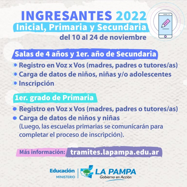 Ciclo Lectivo 2022: ingresantes a Inicial, Primaria y Secundaria deberán inscribirse on-line