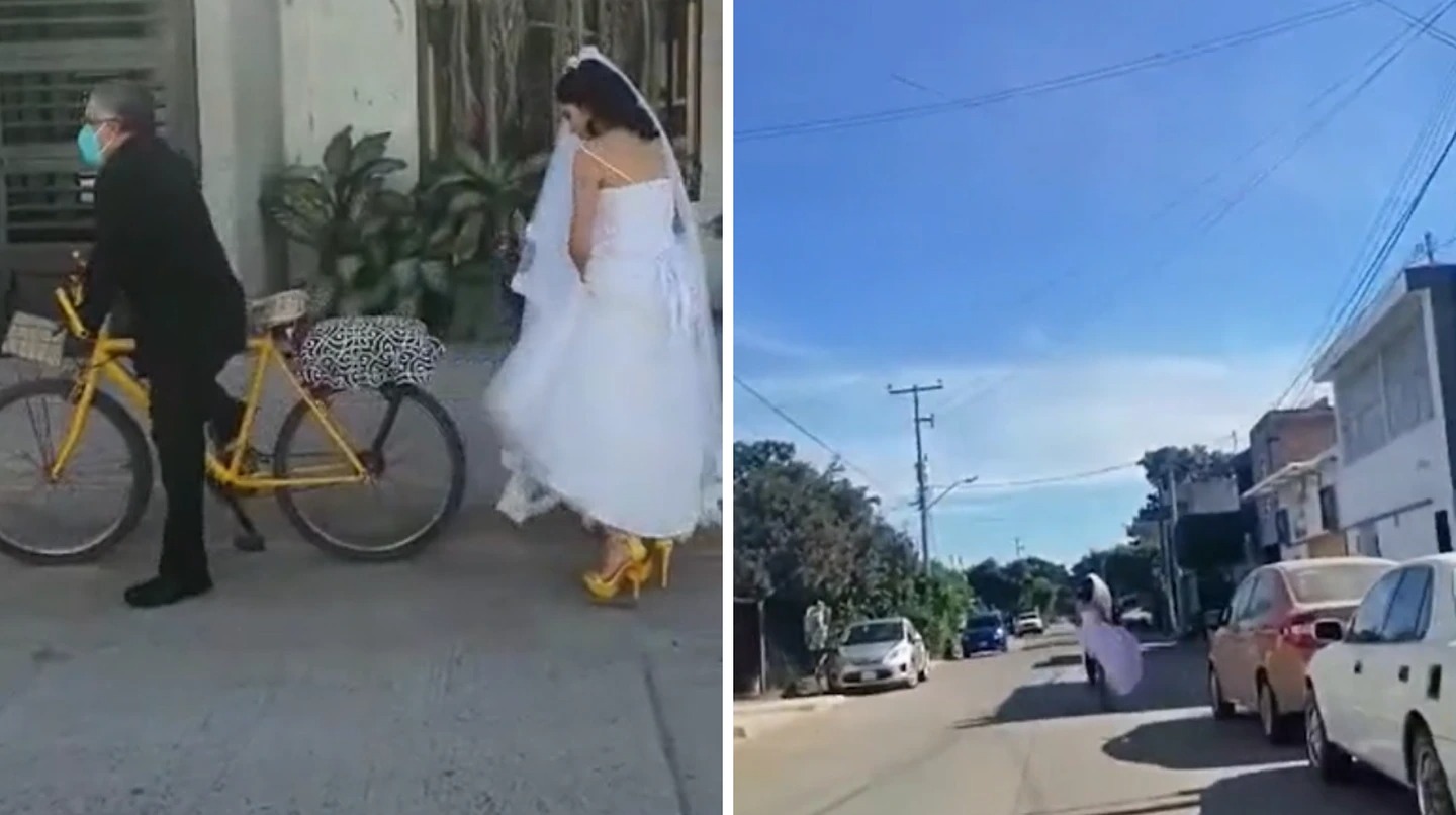 México: un papá llevó a su hija vestida de novia en bicicleta, como había hecho siempre