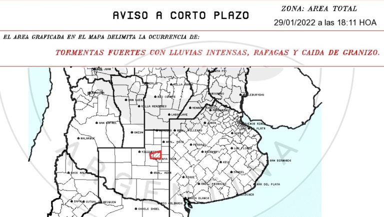 Aviso a corto plazo por tormentas fuertes con lluvias intensas, ráfagas y caída de granizo para La Pampa