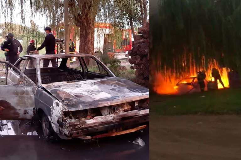 [VIDEO] El fuego destruyó un auto, su propietario sufrió quemaduras intentando apagar las llamas y detuvieron a su pareja