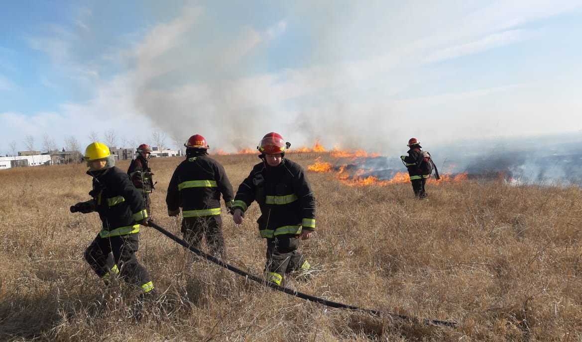 Tres dotaciones de Bomberos trabajan en un incendio de pastizales de gran magnitud: El fuego se extendió hasta la zona de quintas cercana a la Av. Brunengo