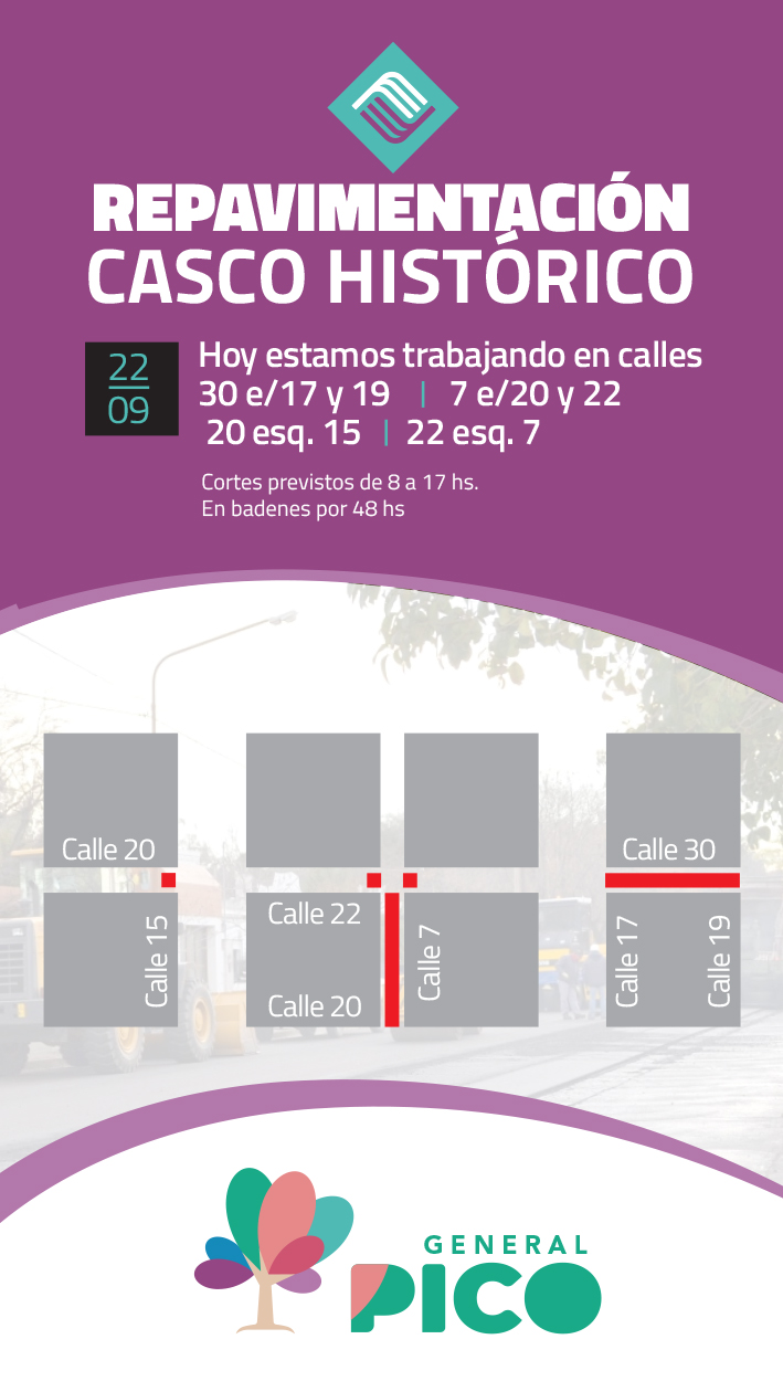 El detalle de los cortes de calles para el día de hoy jueves 22 de septiembre en General Pico