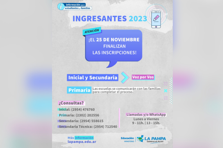 Última semana de inscripciones para ingresantes en 2023 para la educación primaria y secundaria en La Pampa