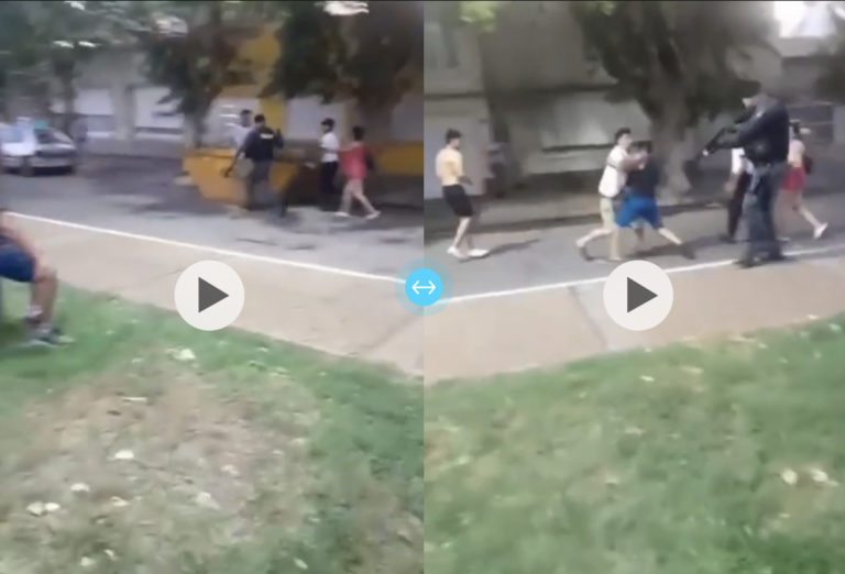 Incidentes durante los festejos: un video muestra como un policía dispara a corta distancia a un hombre, le pega una trompada y luego empuja a una mujer