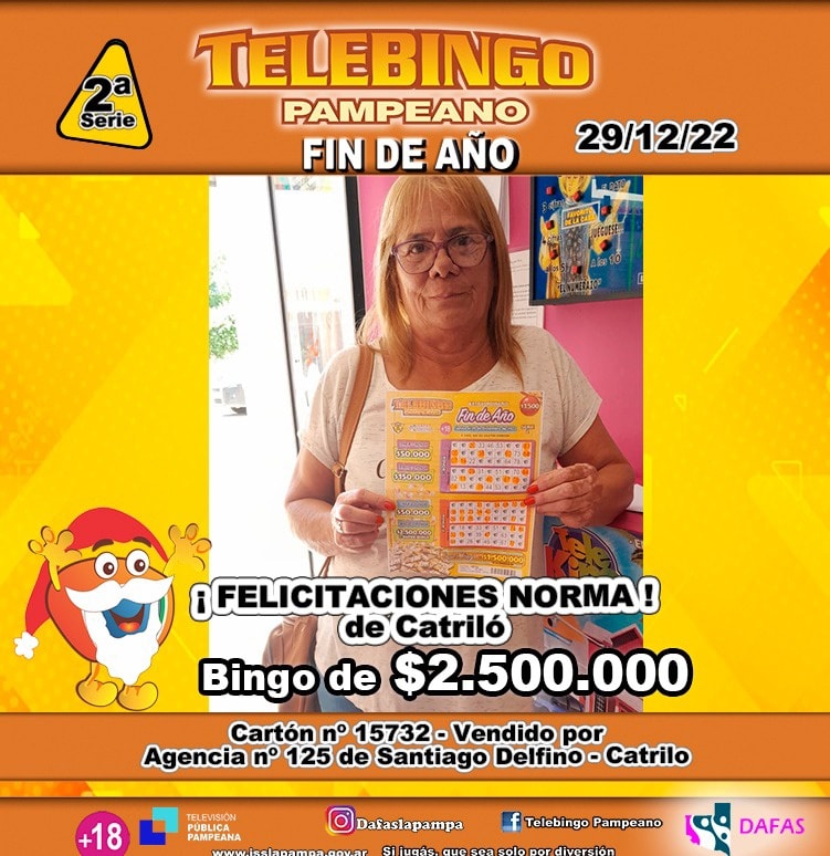¡Una jubilada de Catriló gana $2.500.000 en el sorteo de fin de año de Telebingo Pampeano!