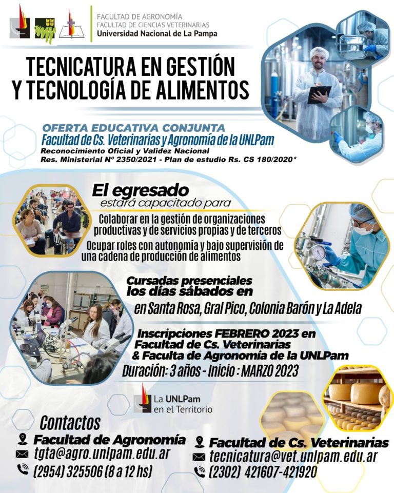 Están abiertas las inscripciones para la Tecnicatura en Gestión y Tecnología de Alimentos que brindan las Facultades de Veterinarias y Agronomía con la modalidad híbrida