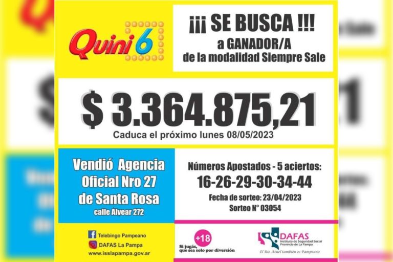 Un santarroseño está a punto de perder  $3.364.875 de pesos por no reclamar el premio del Quini 6