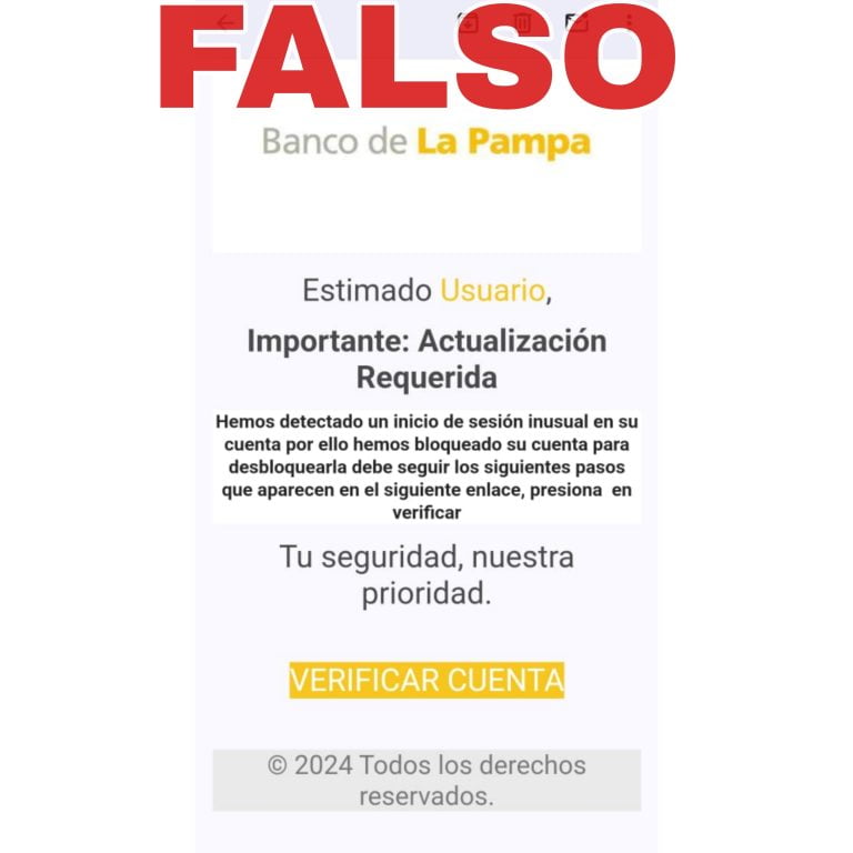 Alerta por un mail fraudulento que involucra al Banco de La Pampa: “No haga clic en enlaces y no proporcione información confidencial”