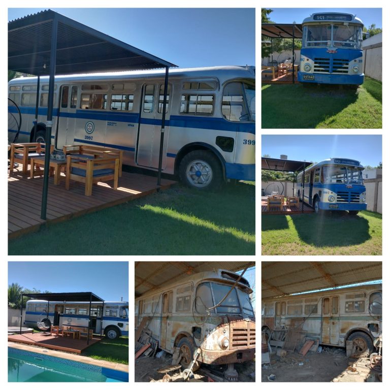 Una pareja piquense hizo una impresionante transformación de un colectivo de línea del año 1951 a quincho en el medio del patio