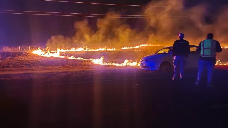 Un principio de incendio de un auto en plena ruta provocó un incendio de pastizales