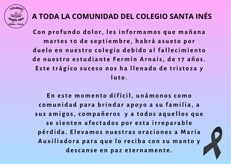 El Colegio Santa Inés determinó asueto por duelo tras el trágico fallecimiento de un alumno
