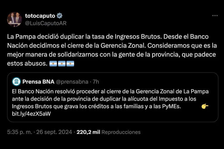 Cierre de la Gerencia Zonal del Banco Nación en La Pampa en respuesta al aumento de impuestos: una medida “solidaria” según Caputo