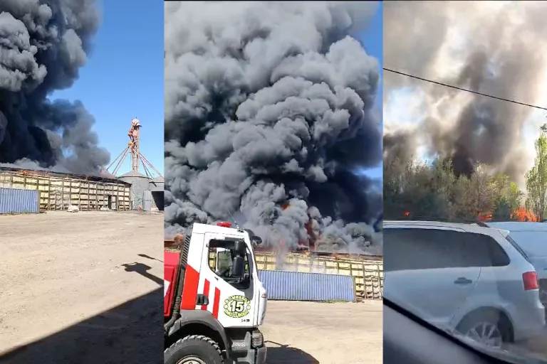 Impactante incendio en una planta de silos en Ingeniero Luiggi