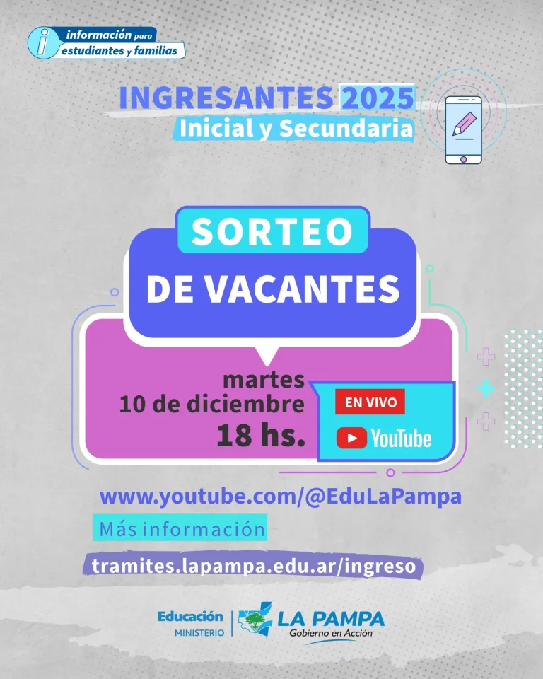 Sortearán vacantes para ingresantes a Inicial y Secundaria en 2025