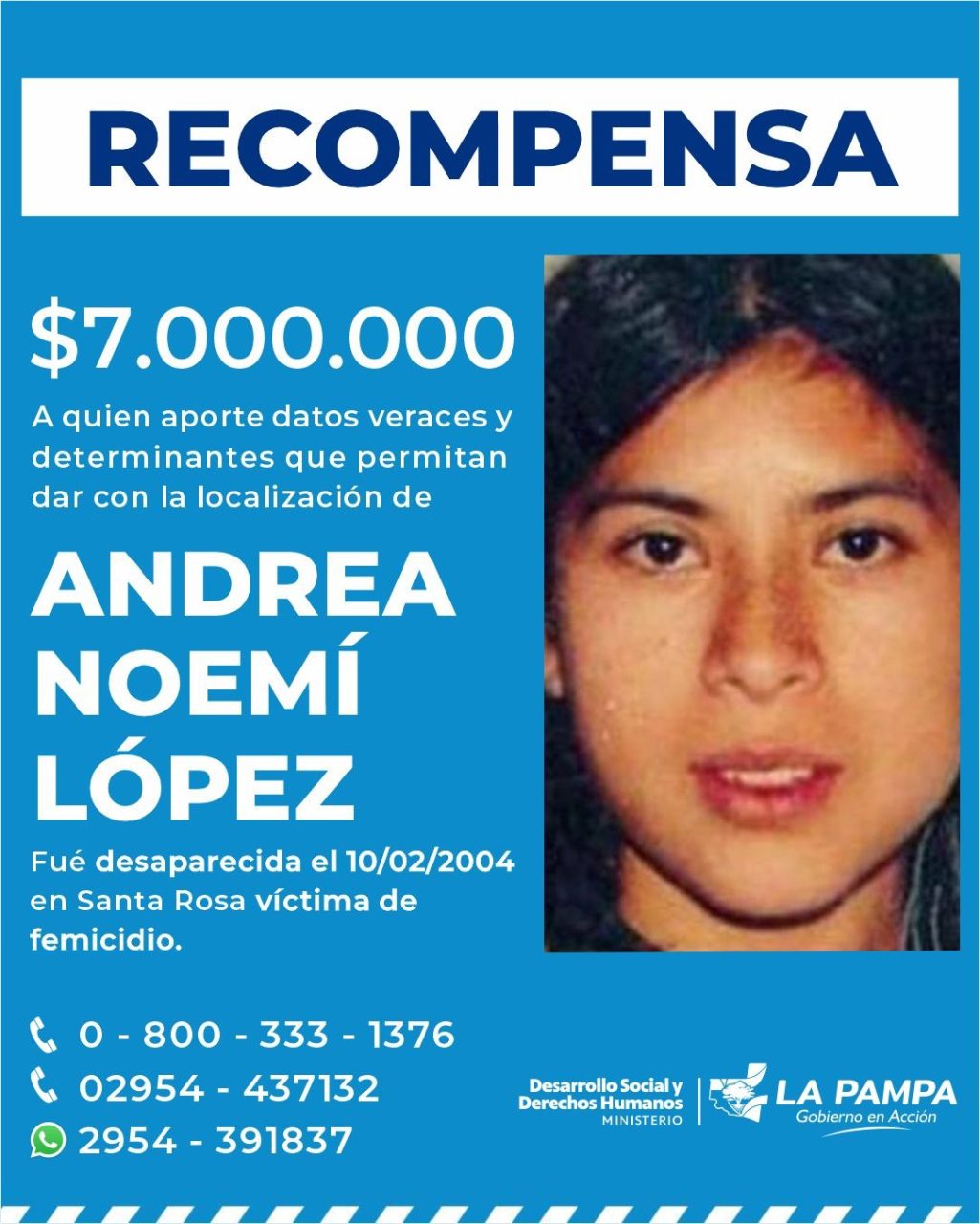 Aumentan a  $ 7.000.000 la recompensa por datos sobre Andrea López