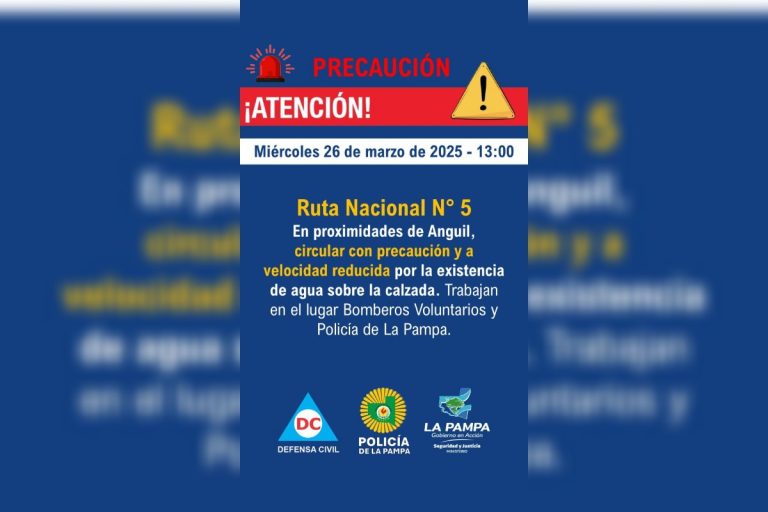 Precaución en Ruta Nacional N° 5 por presencia de agua sobre la calzada