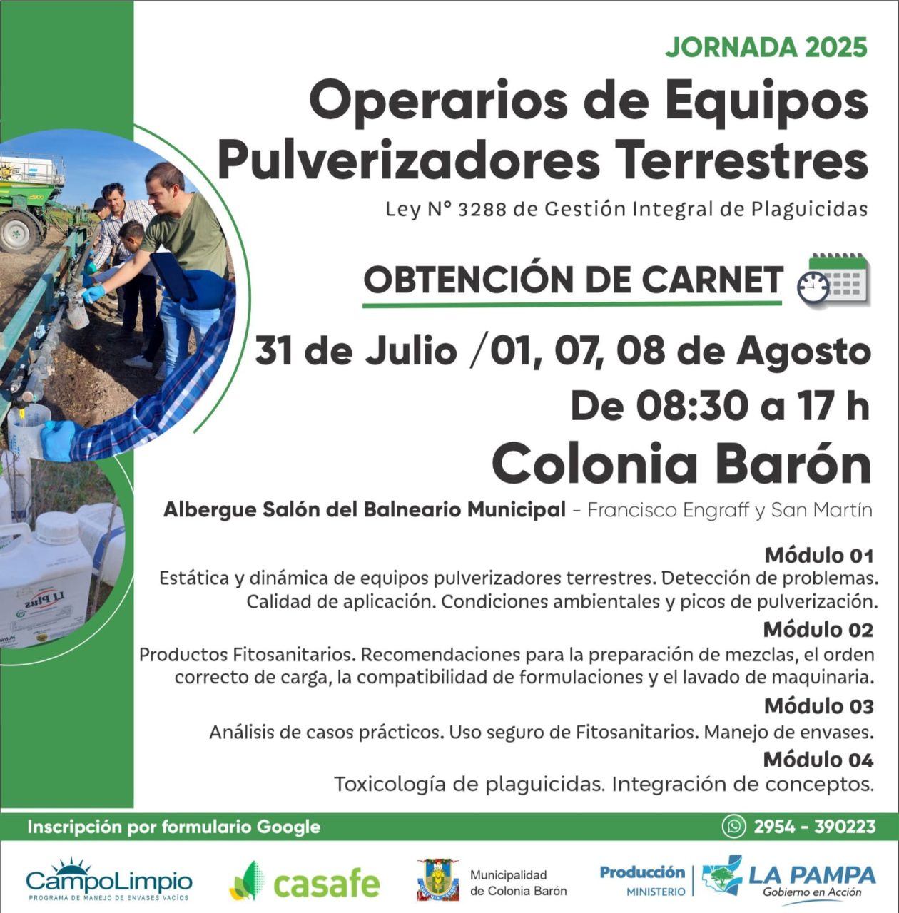 Operarios de Pulverizadoras: Abren las inscripciones para jornadas en Colonia Barón