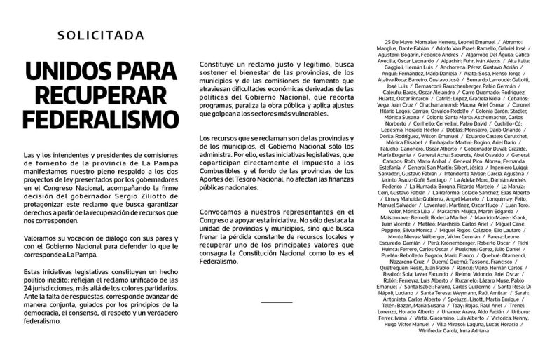 SOLICITADA | UNIDOS PARA RECUPERAR FEDERALISMO