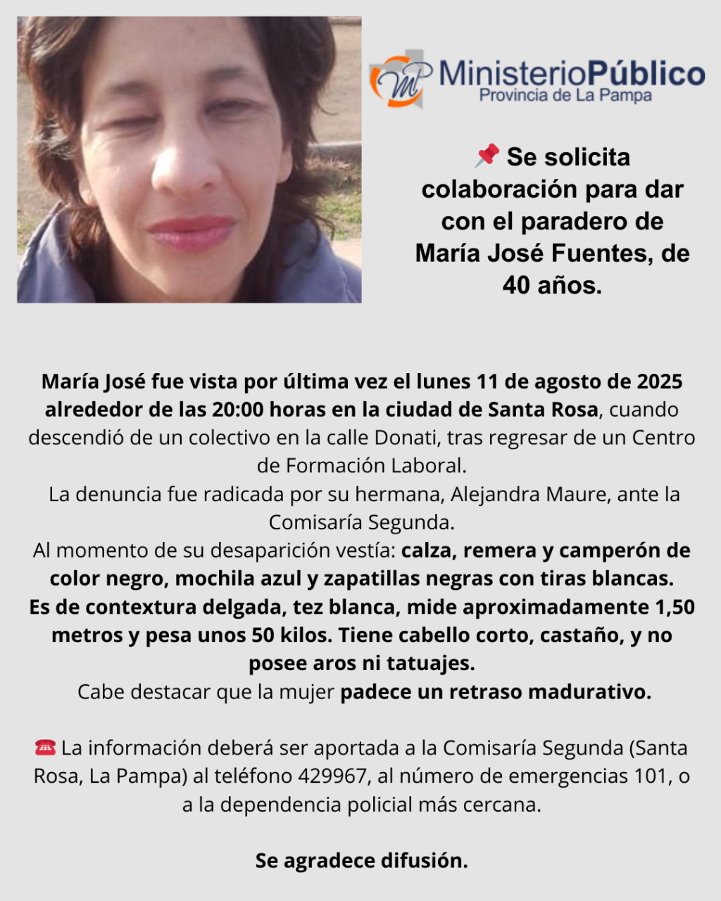 Búsqueda en Santa Rosa: Piden colaboración por María José Fuentes