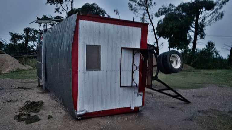 Fuerte temporal en Ceballos: El viento provocó caída de plantas, destrozos en la plaza y dio vuelta una casilla
