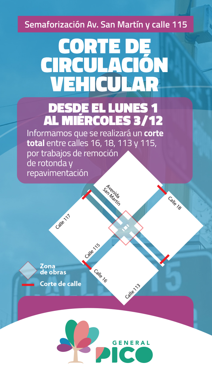 General Pico: cortarán el tránsito en la avenida San Martín y la calle 115 por obras de semaforización