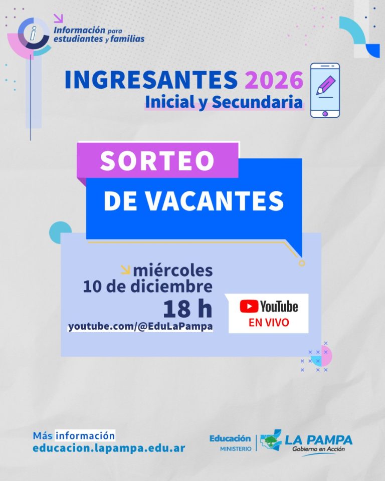 Sortearán vacantes para ingresantes a Inicial y Secundaria en 2026