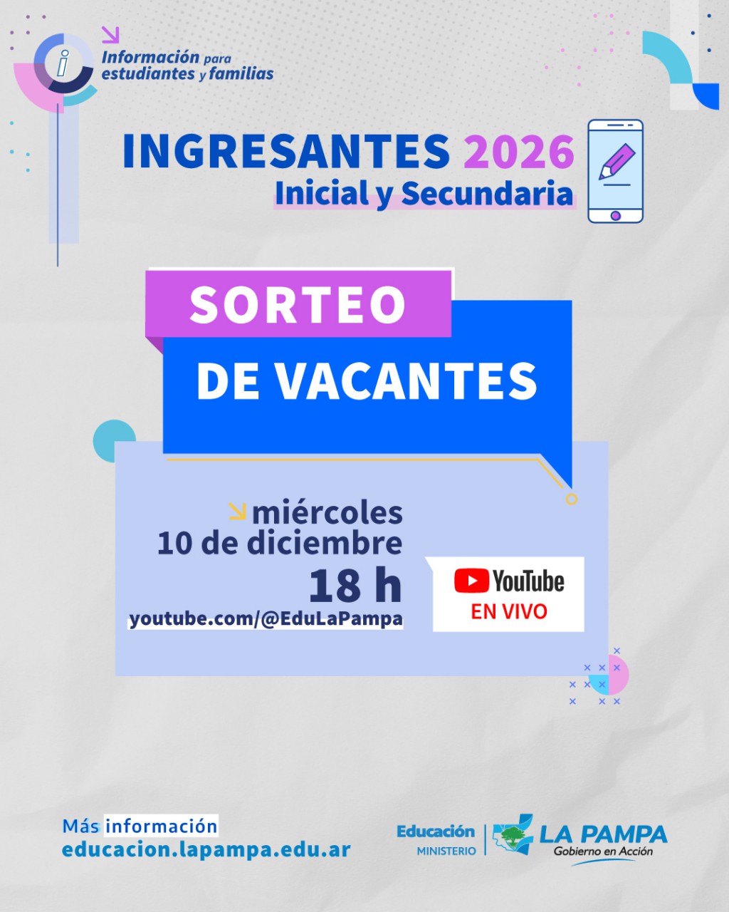 Sortearán vacantes para ingresantes a Inicial y Secundaria en 2026