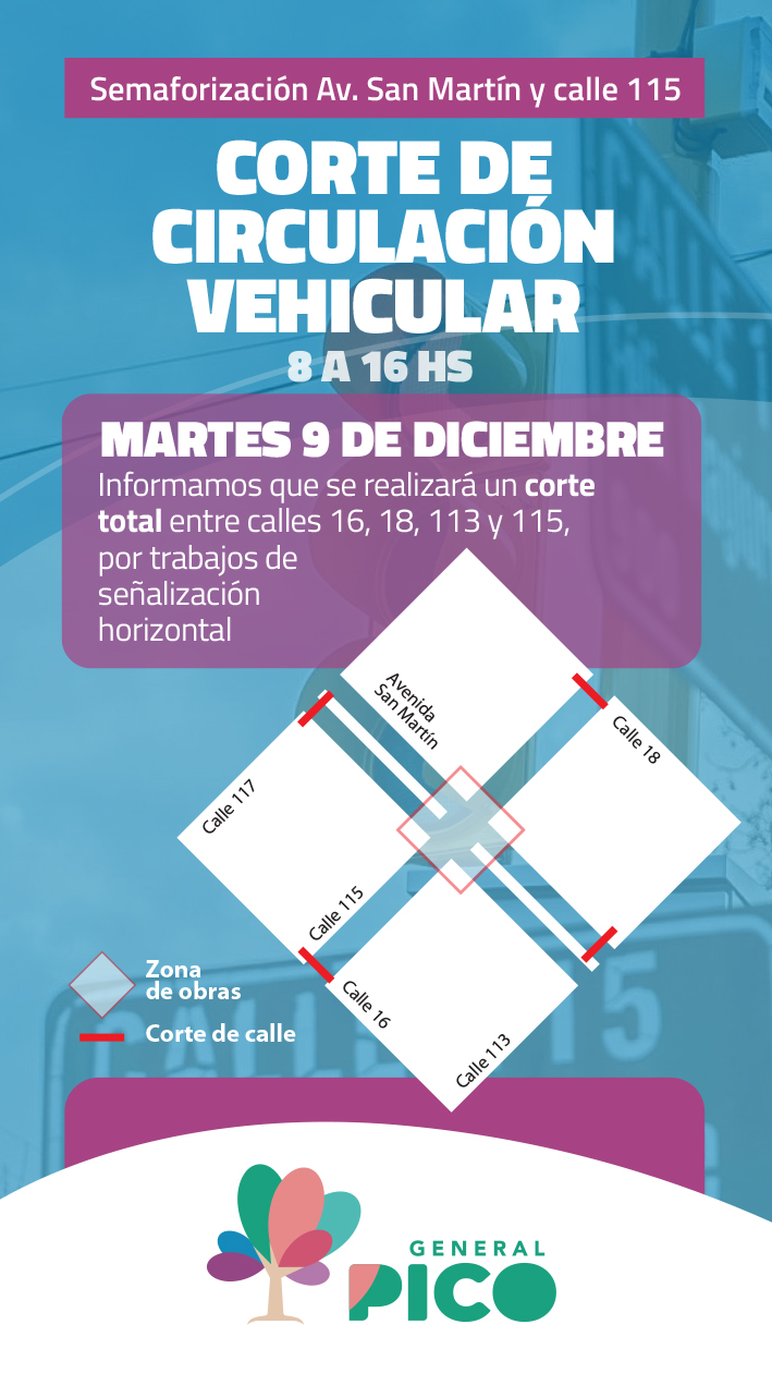 Anuncian corte de tránsito en la Avenida San Martín y calle 115 por obras de señalización