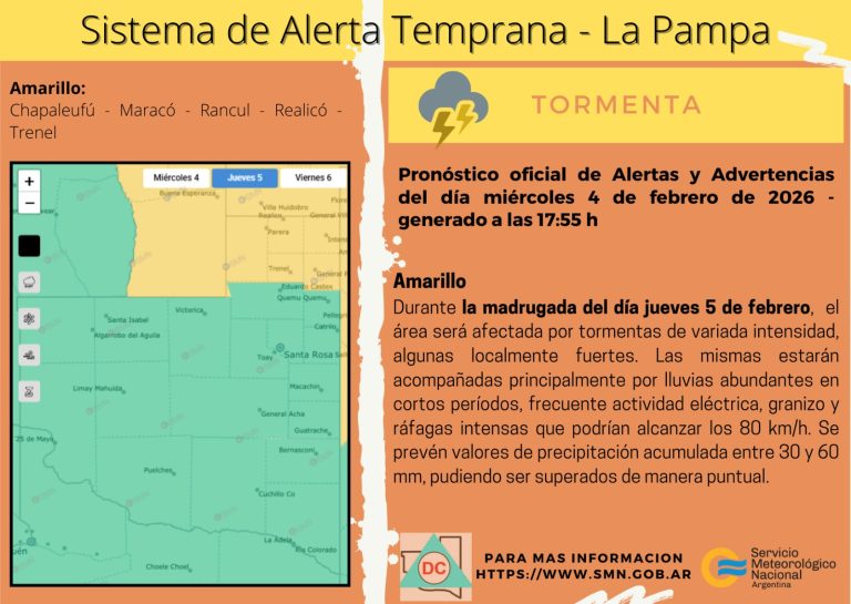 Alerta en La Pampa: el SMN advierte por tormentas fuertes, ráfagas y granizo en el norte y oeste provincial