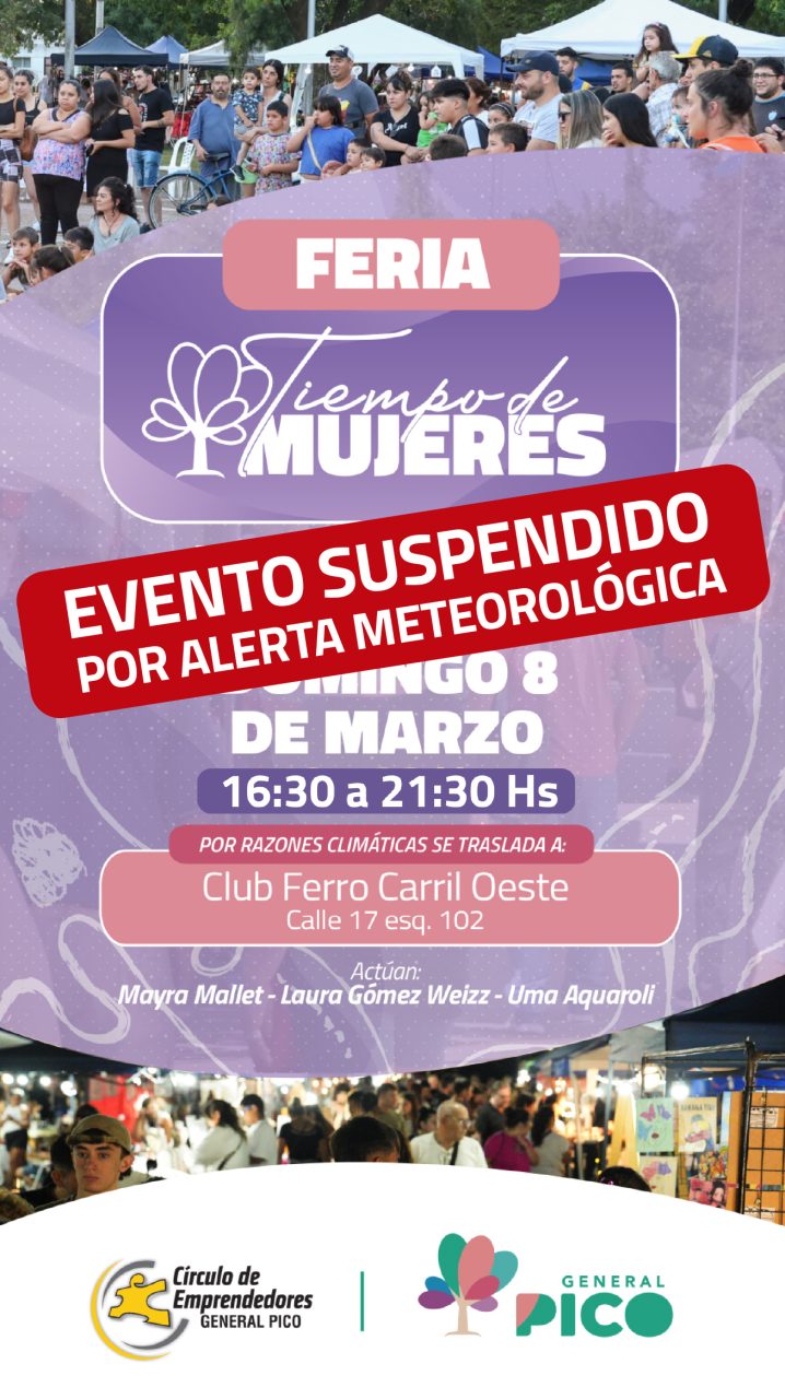 Por alerta meteorológica, suspenden la feria “Tiempo de Mujeres”