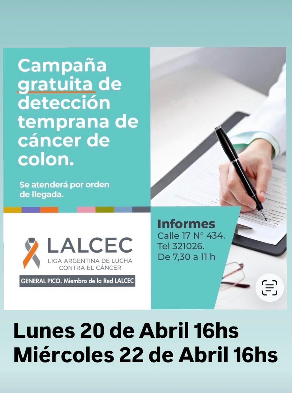 LALCEC General Pico realizará hoy y el miércoles una campaña gratuita de prevención del cáncer de colon