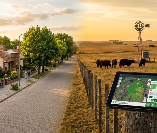 Calle residencial y campo con ganado donde una tableta muestra un mapa de gestión de parcelas agrícolas