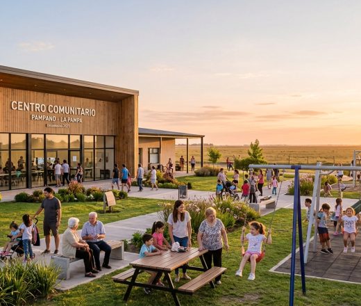 Familias y niños disfrutando del parque y exteriores del Centro Comunitario Pampano - La Pampa al atardecer