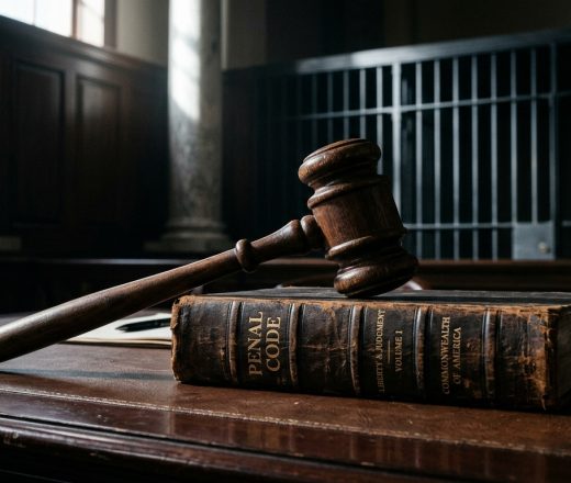 Mazo de juez apoyado sobre un libro del Código Penal en una sala de justicia