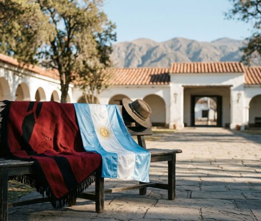 Bandera de Argentina, poncho y sombrero sobre un banco de madera en un patio colonial con montañas al fondo