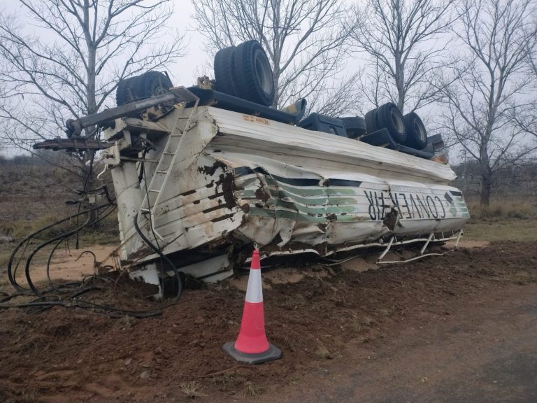 Un camionero volcó su acoplado en la Ruta 105 al intentar esquivar caballos sueltos