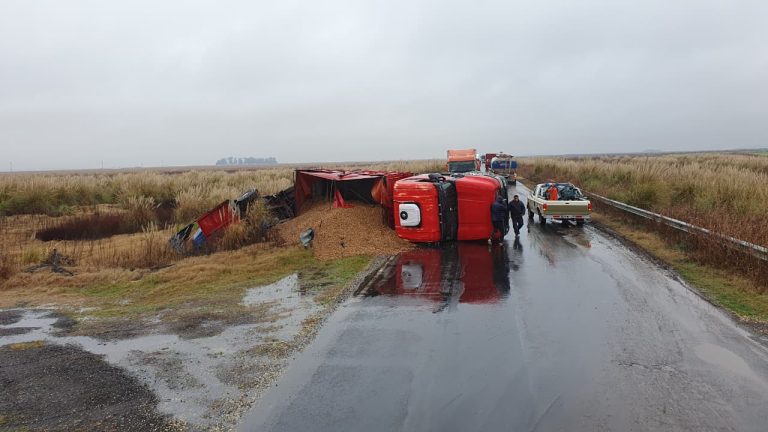 Vuelco en la Ruta 33: un camión cargado con maní despistó y el chofer sufrió heridas leves