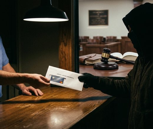 Un trabajador postal entrega un sobre con una tarjeta de crédito a una persona encapuchada en un tribunal
