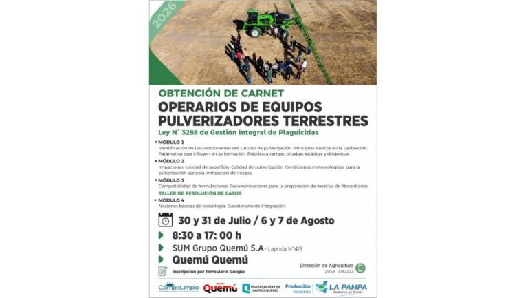 Abren la inscripción para cursos de operarios de pulverizadores en Quemú Quemú