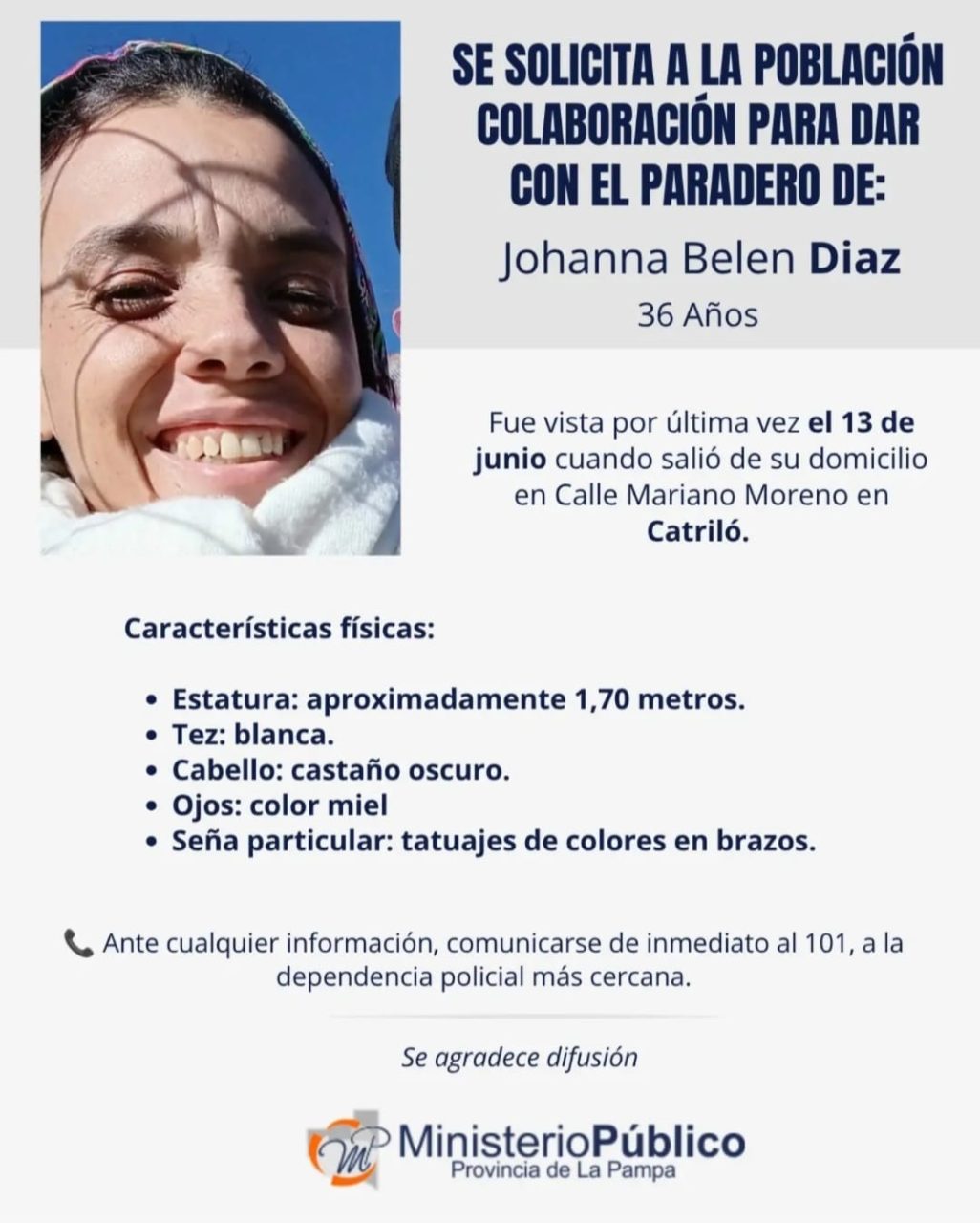 Búsqueda de paradero: solicitan colaboración para encontrar a una mujer desaparecida en Catriló