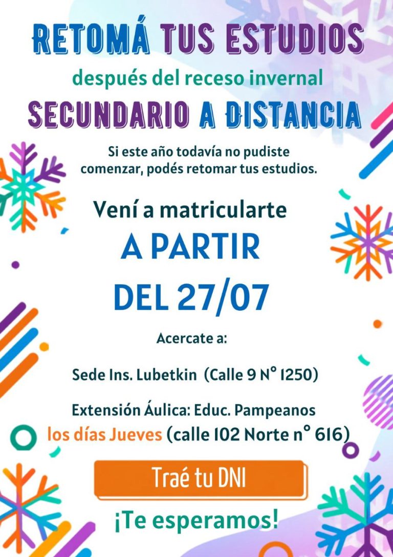Más de 18 y sin secundario: Lubetkin abre inscripciones 2026 en General Pico