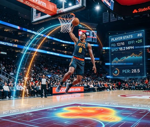 Jugador de baloncesto haciendo un mate con gráficos superpuestos de análisis de datos, trayectoria de tiro y mapa de calor