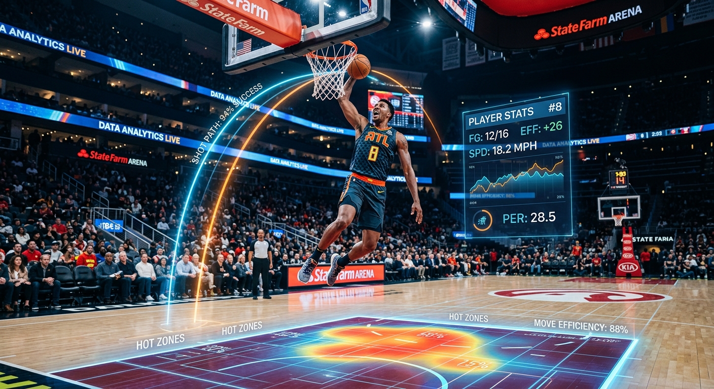 Jugador de baloncesto haciendo un mate con gráficos superpuestos de análisis de datos, trayectoria de tiro y mapa de calor