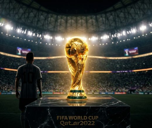 Lionel Messi de espaldas contemplando el trofeo de la Copa Mundial de la FIFA Qatar 2022 en un estadio iluminado